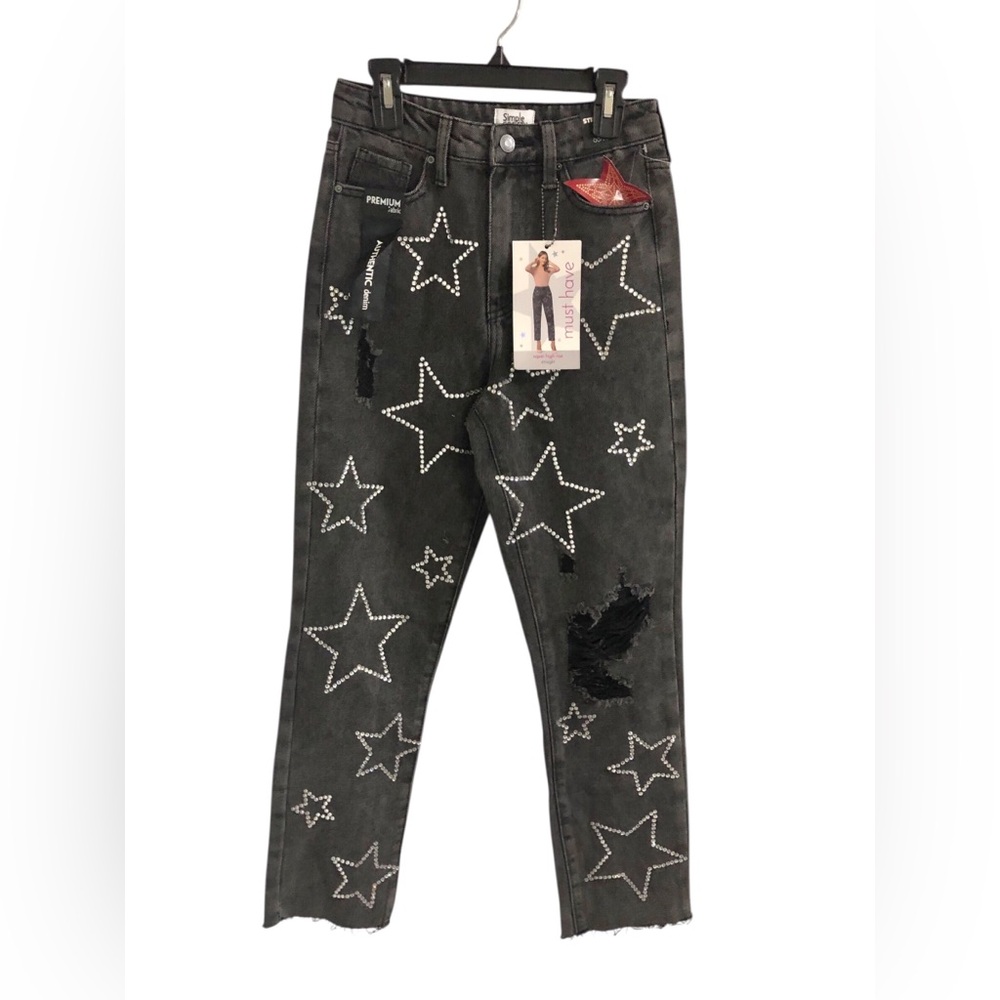 Black crystal star studded ripped super hi rise straight fit jeans size‎ 00/23